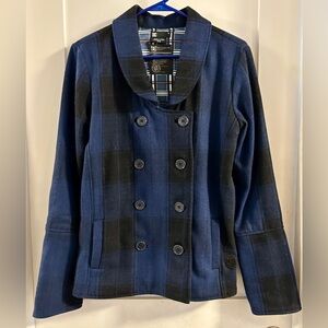 DC Women's Black Blue plaid peacoat Jacket Blazer Coat  Size Medium Wool Blend